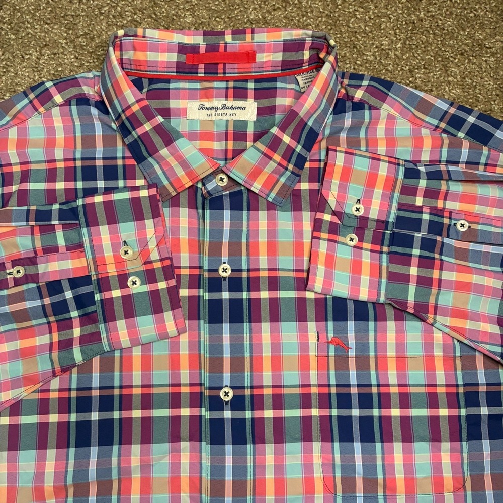 Tommy Bahama Siesta Key Button Shirt Men 3XLB Pink Blue Tartan Plaid Long Sleeve